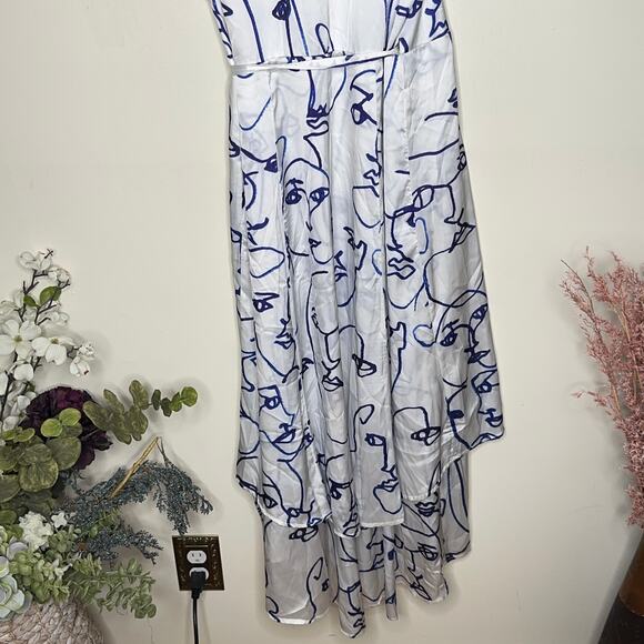 HUTCH Rosa Printed Wrap Dress Abstract Face Line Art Unique Blue White {HH51} - Picture 9 of 11
